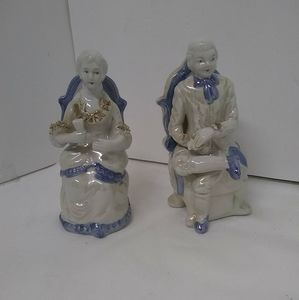 VTGE Male & Female Victorian Figurines 8" Blue & White w/Gold Trim Collectible
